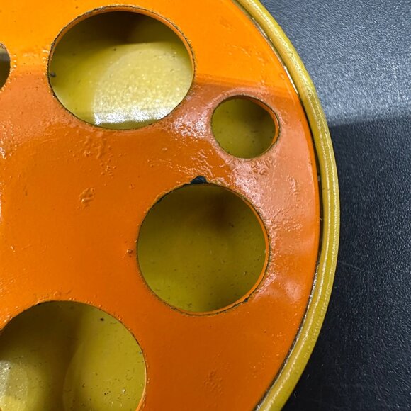 Vintage Brooch Pin 1960s Atomic Moon Orange Yellow Cut Out Dots Metal Enamel - Picture 7 of 9